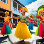 세이셸 전통 춤과 음악 - A vibrant traditional Seychellois festival scene featuring men and women in colorful clothing perfor...