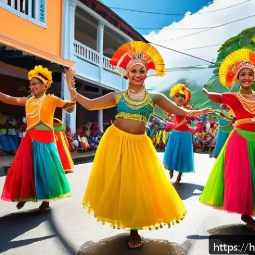 세이셸 전통 춤과 음악 - A vibrant traditional Seychellois festival scene featuring men and women in colorful clothing perfor...