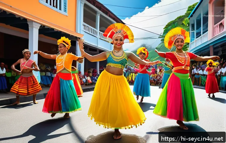 세이셸 전통 춤과 음악 - A vibrant traditional Seychellois festival scene featuring men and women in colorful clothing perfor...