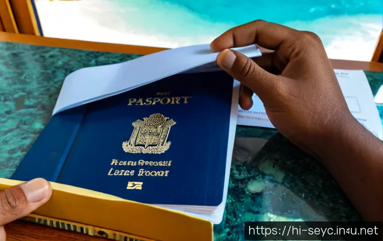 세이셸 국적과 시민권 정보 - Photorealistic overhead view of a neatly organized citizenship application desk, an Indian adult’s h...