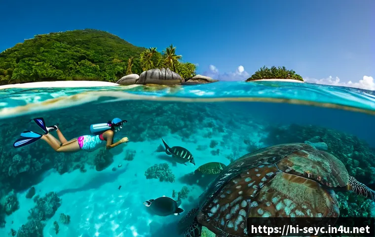 Home 15 세이셸 해양 스포츠 가이드 - Photorealistic wide-angle scene of an Indian family enjoying a guided snorkeling excursion in Seyche...