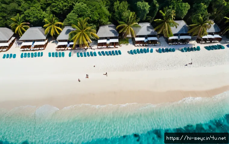 Home 17 세이셸 관광 산업의 문제점 - Photorealistic aerial view of a crowded tropical beach in Seychelles, rows of sun loungers and touri...